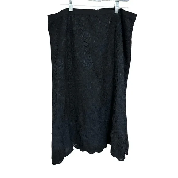 Old Navy Black Lace Midi Skirt Women Sz 16 Flounce Hem Zipper Closure Whimsigoh - Picture 2 of 8